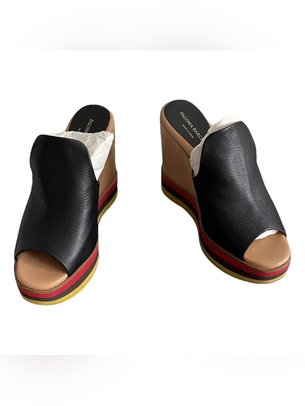 Paloma Barcelo Black Leather Open-Toe Wedge with Multicolor Striped Platform